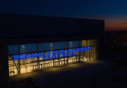 Hulman Center Renovated South Side at night with lit signage.